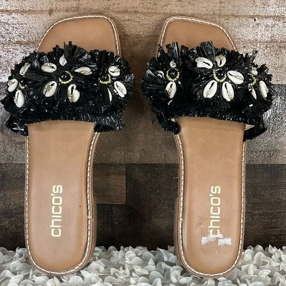 Chico’s Sandals Sz 6.5 Black Raffia and Shell Slides leather shoes - Picture 1 of 5